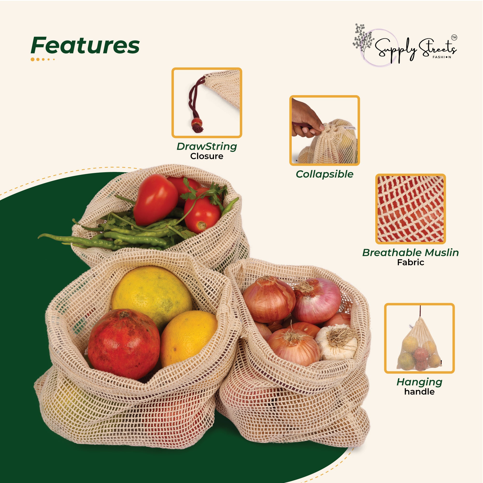 Supply Streets Set of 6 Eco-Friendly Cotton Mesh Vegetable Bags, White