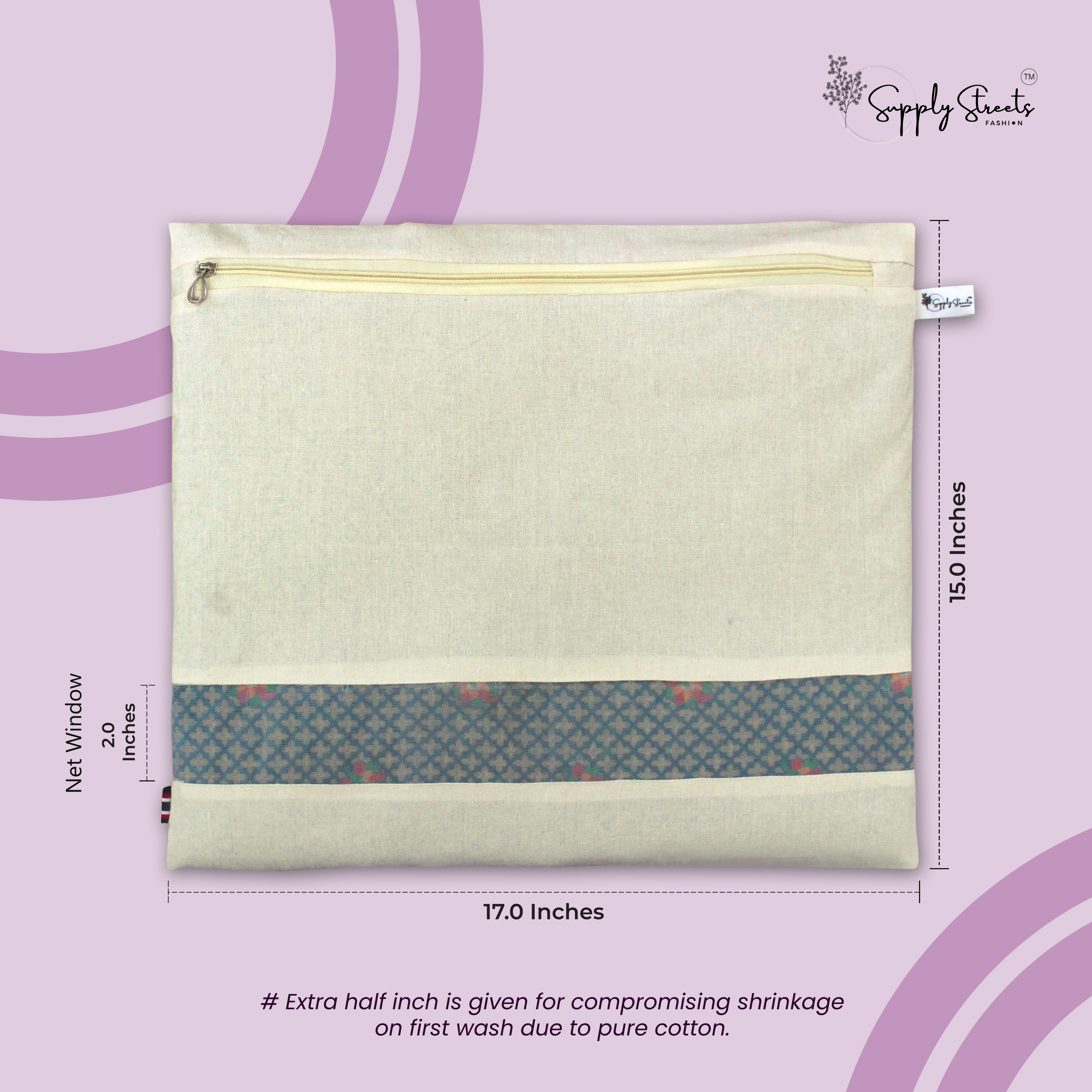 Supply Street Cotton Saree Cover with ZIP - 16.5×14.5 Inches