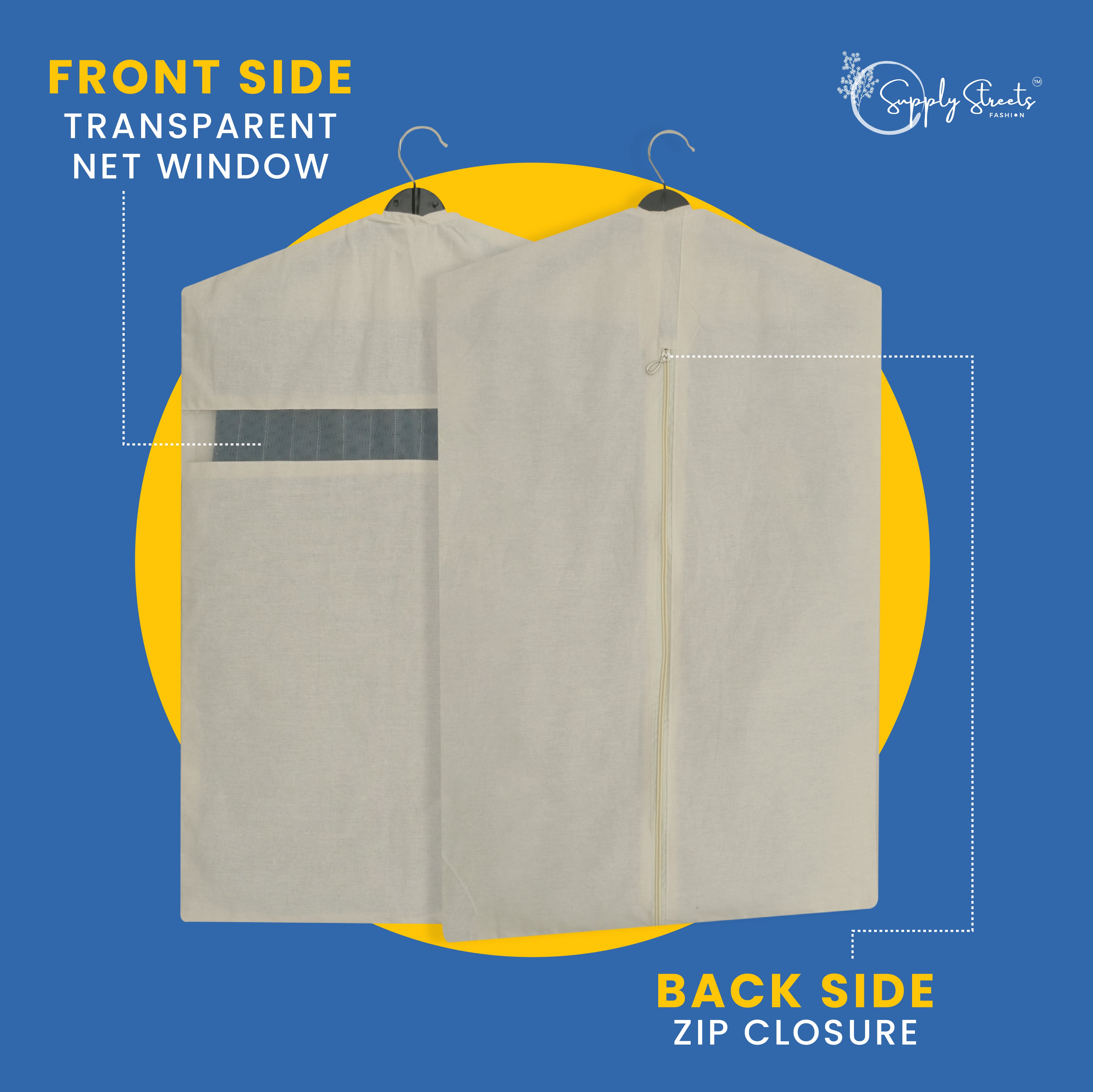 SUPPLY STREETS Hanging Cotton Saree Covers/Bags of 30 x 18 (Inches) For Clothes Storage, Wardrobe Organizer (Hangers Are NOT Included) (Single Pocket - Pack of 3)
