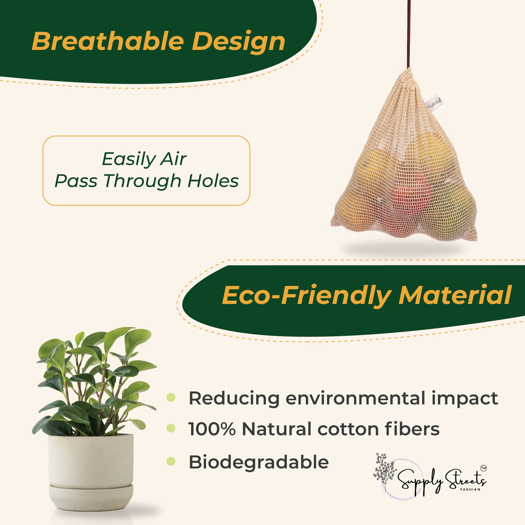Supply Streets Set of 6 Eco-Friendly Cotton Mesh Vegetable Bags, White