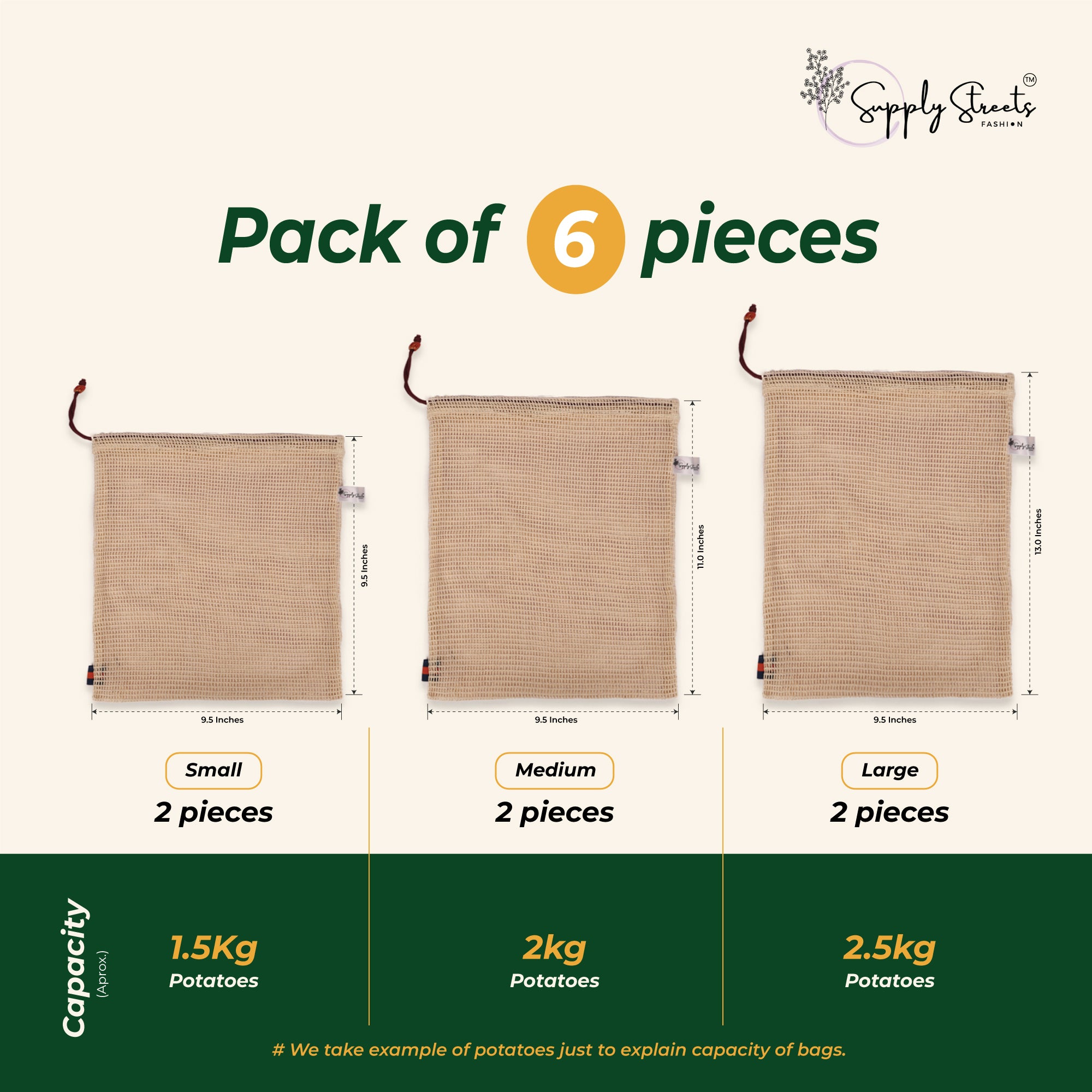Supply Streets Set of 6 Eco-Friendly Cotton Mesh Vegetable Bags, White