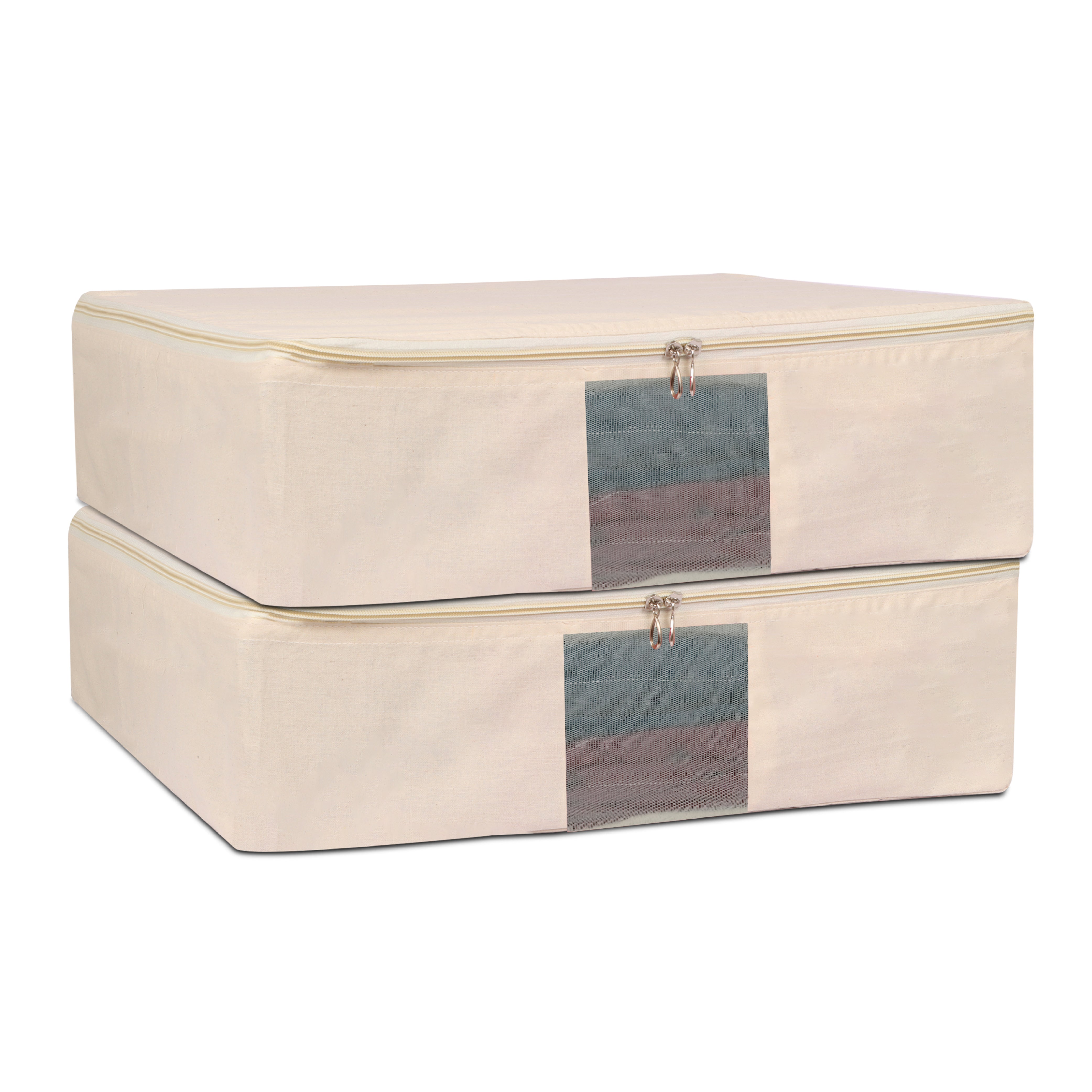 SUPPLY STREETS Cotton Clothes Storage Box/Covers/Bags With Zip (18 X 16 X 4.5 Inch) As Wardrobe Organizer For Huge Silk Saree/Big Lehenga/Dresses/Shirts/Trousers/Gown/Quilts - Pack Of (2), Beige