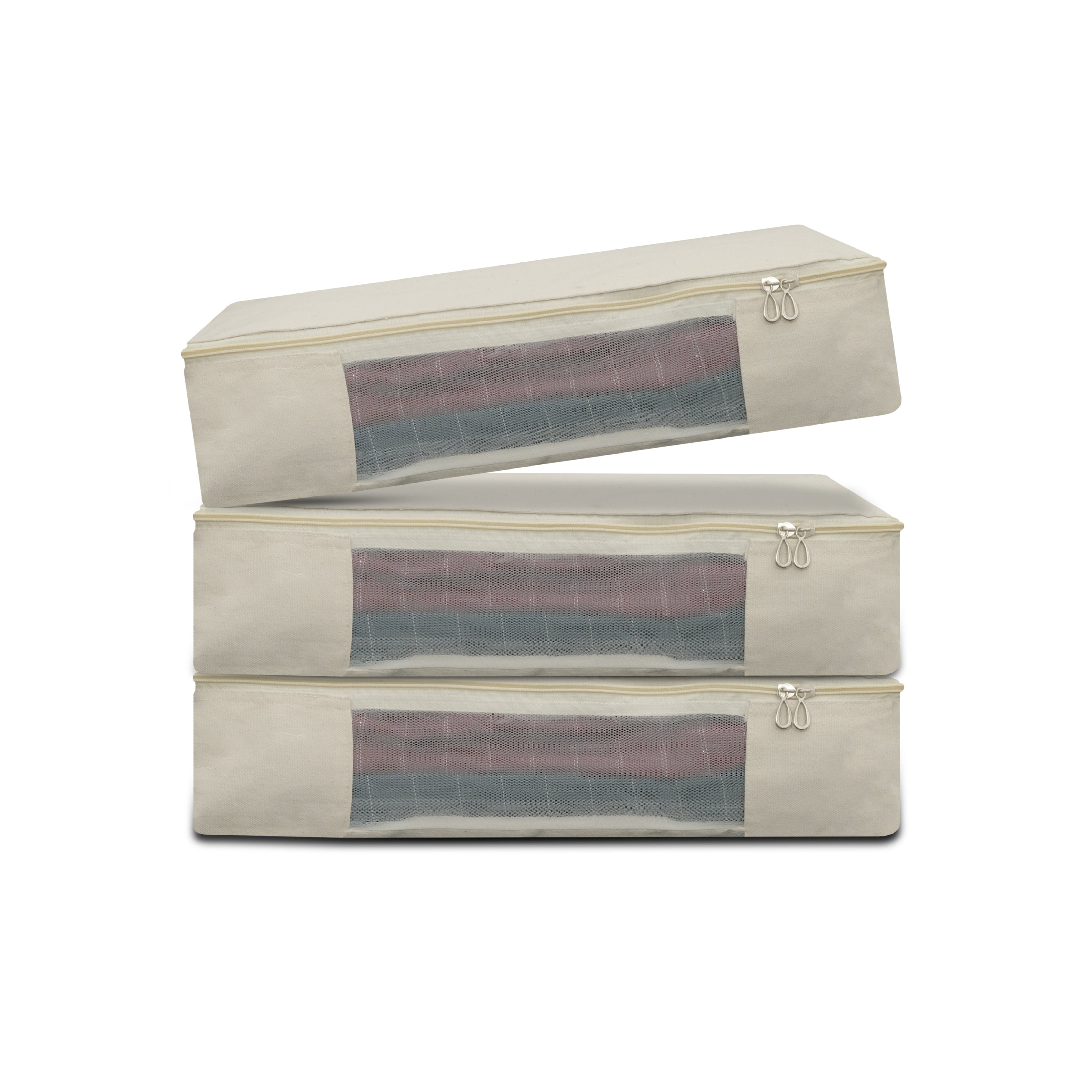 SUPPLY STREETS Cotton Canvas Clothes Storage Bags/Saree Covers with Zip for Storage Specially Design for Woman Dresses, Sarees, Lehengas for Wardrobe Organizer (16 x 13 x 3 Inch)- Pack of 3