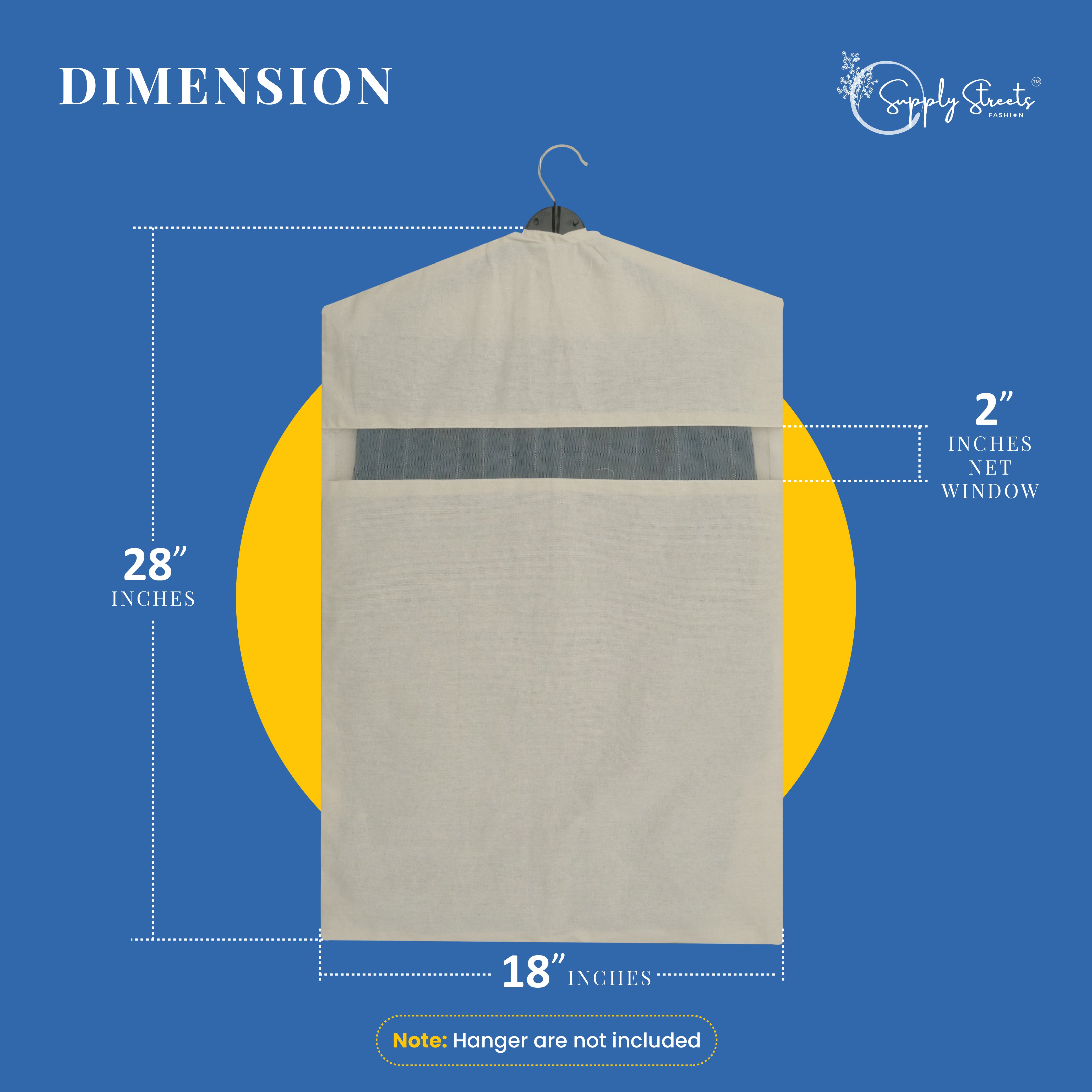 SUPPLY STREETS Hanging Cotton Saree Covers/Bags of 30 x 18 (Inches) For Clothes Storage, Wardrobe Organizer (Hangers Are NOT Included) (Single Pocket - Pack of 3)