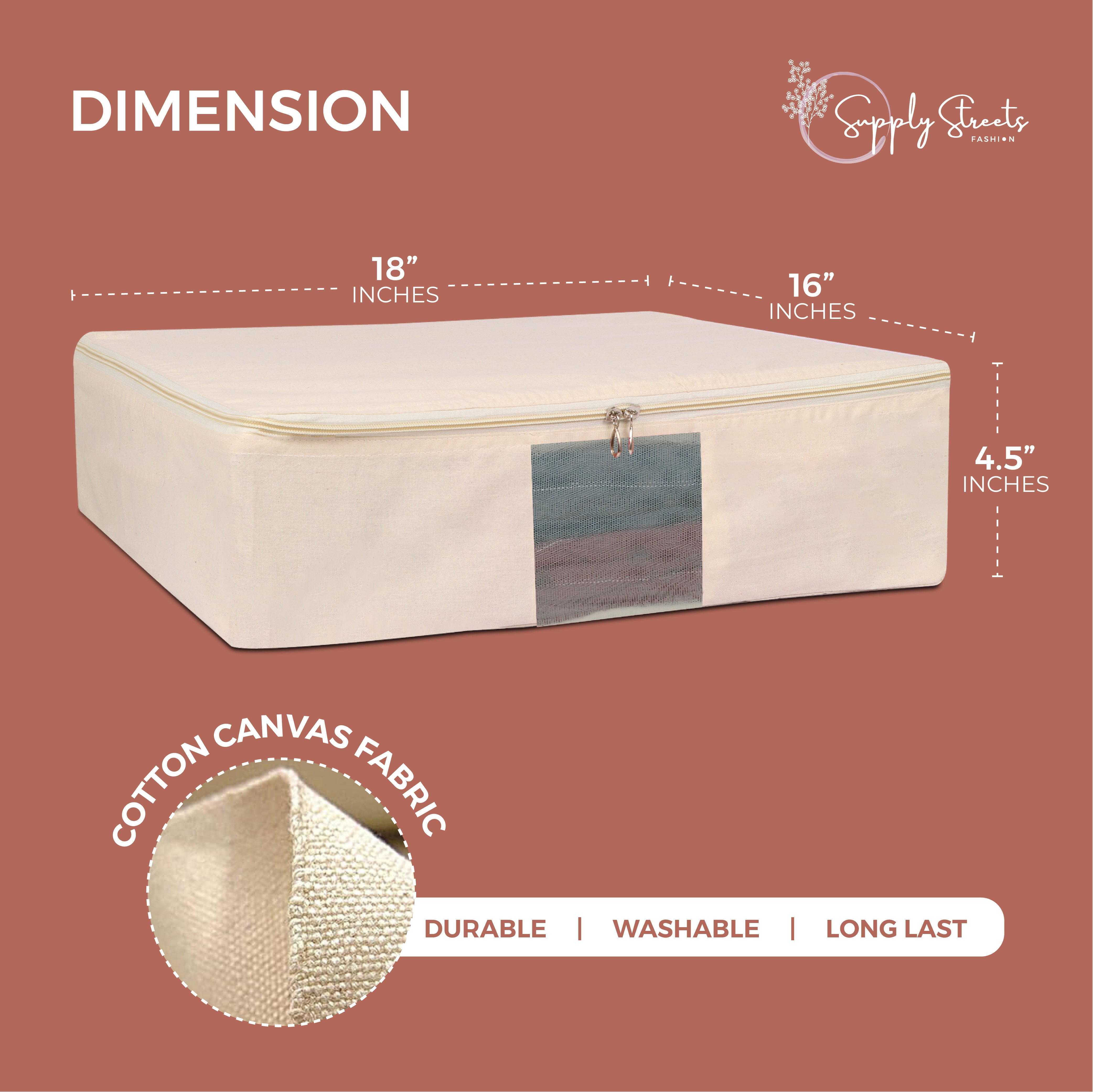 SUPPLY STREETS Cotton Clothes Storage Box/Covers/Bags With Zip (18 X 16 X 4.5 Inch) As Wardrobe Organizer For Huge Silk Saree/Big Lehenga/Dresses/Shirts/Trousers/Gown/Quilts - Pack Of (2), Beige