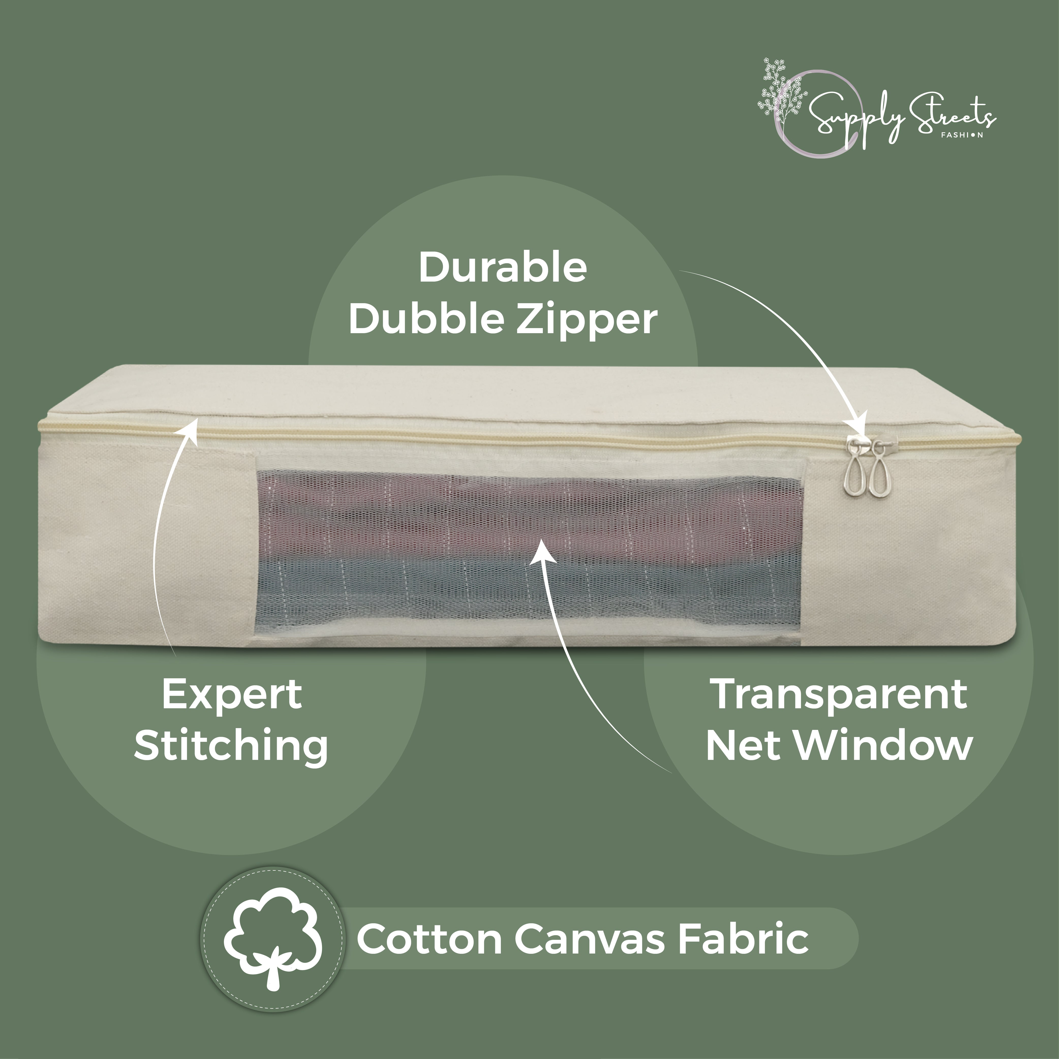 SUPPLY STREETS Cotton Canvas Clothes Storage Bags/Saree Covers with Zip for Storage Specially Design for Woman Dresses, Sarees, Lehengas for Wardrobe Organizer (16 x 13 x 3 Inch)- Pack of 3