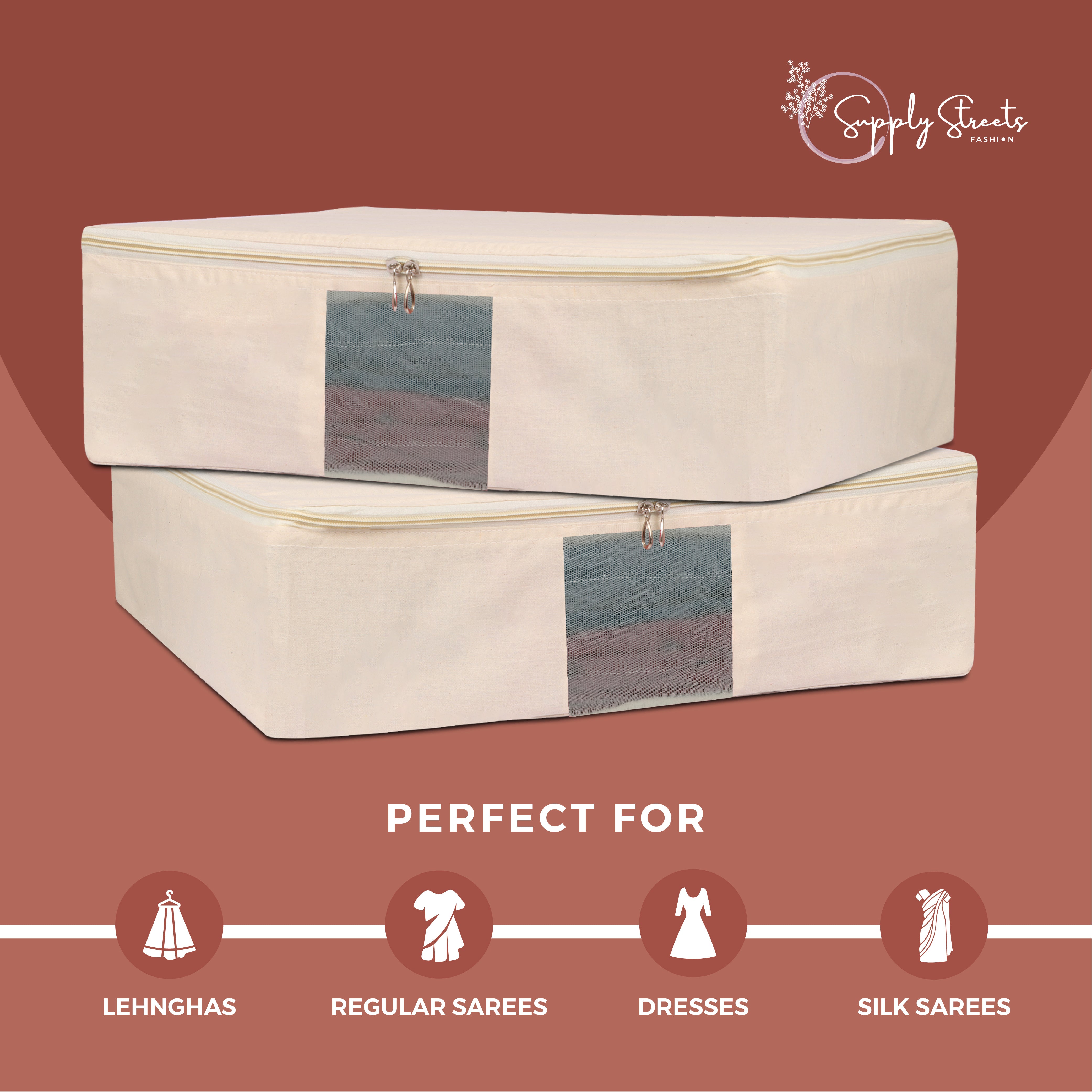 SUPPLY STREETS Cotton Clothes Storage Box/Covers/Bags With Zip (18 X 16 X 4.5 Inch) As Wardrobe Organizer For Huge Silk Saree/Big Lehenga/Dresses/Shirts/Trousers/Gown/Quilts - Pack Of (2), Beige