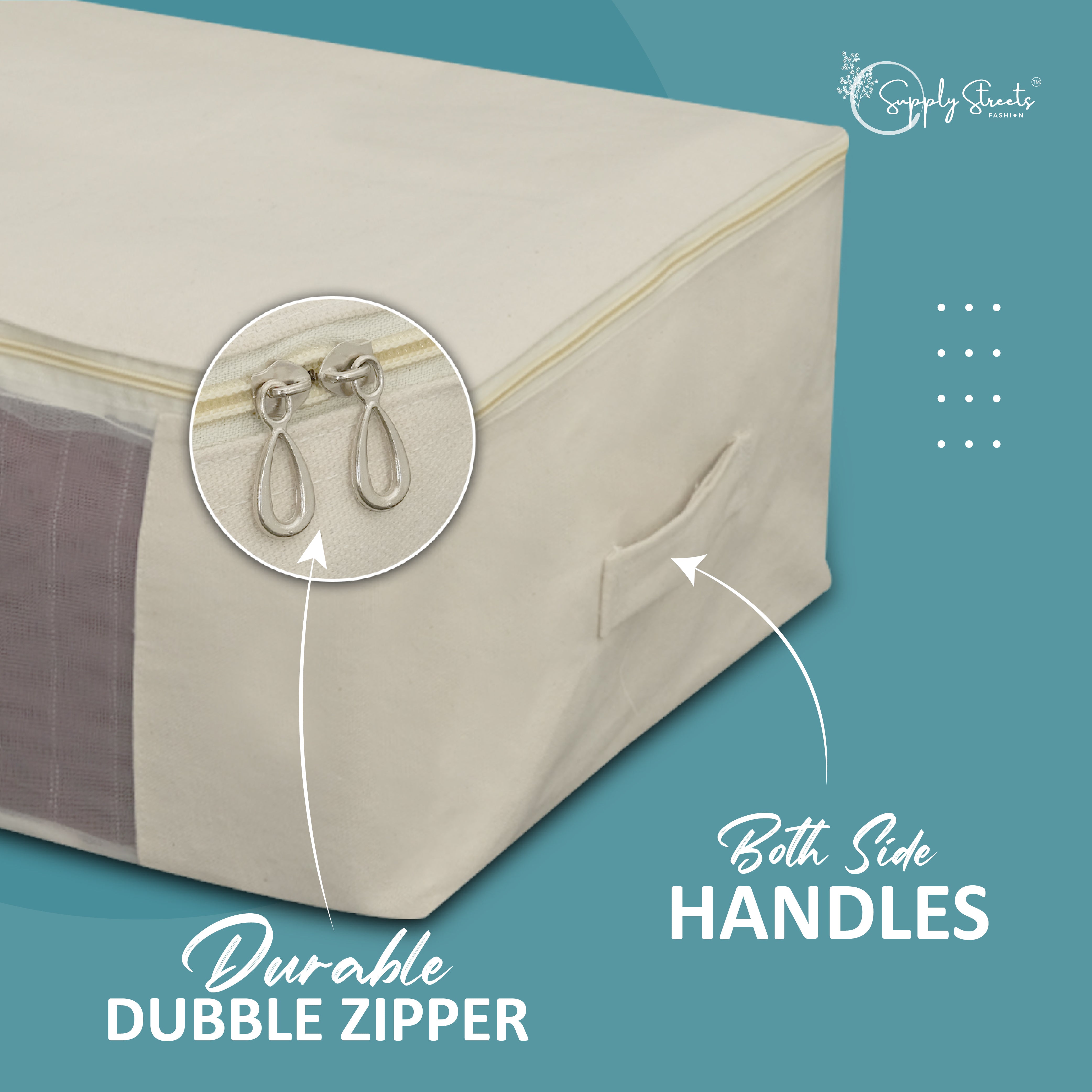 SUPPLY STREETS Cotton Canvas Clothes Storage Bags/Saree Covers with Zip for Storage Specially Design for Woman Dresses, Sarees, Lehengas for Wardrobe Organizer (17 x 14 x 7 Inch)