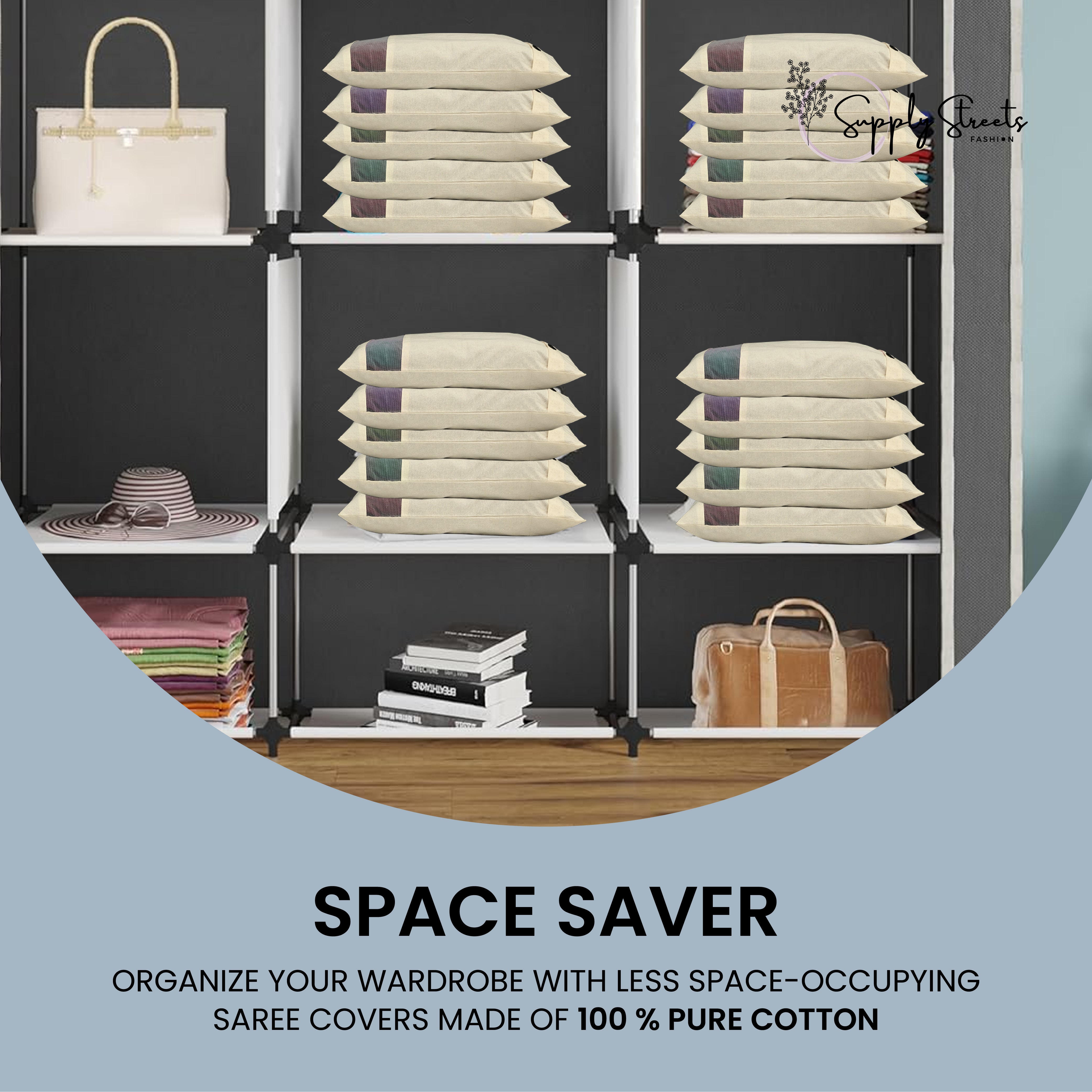 Cotton Saree Bags/Covers for Storage Big size single (16.5 x 14.5 Inches) with button Closure for Clothes Bags and Wardrobe Organizer with Transparent mesh window