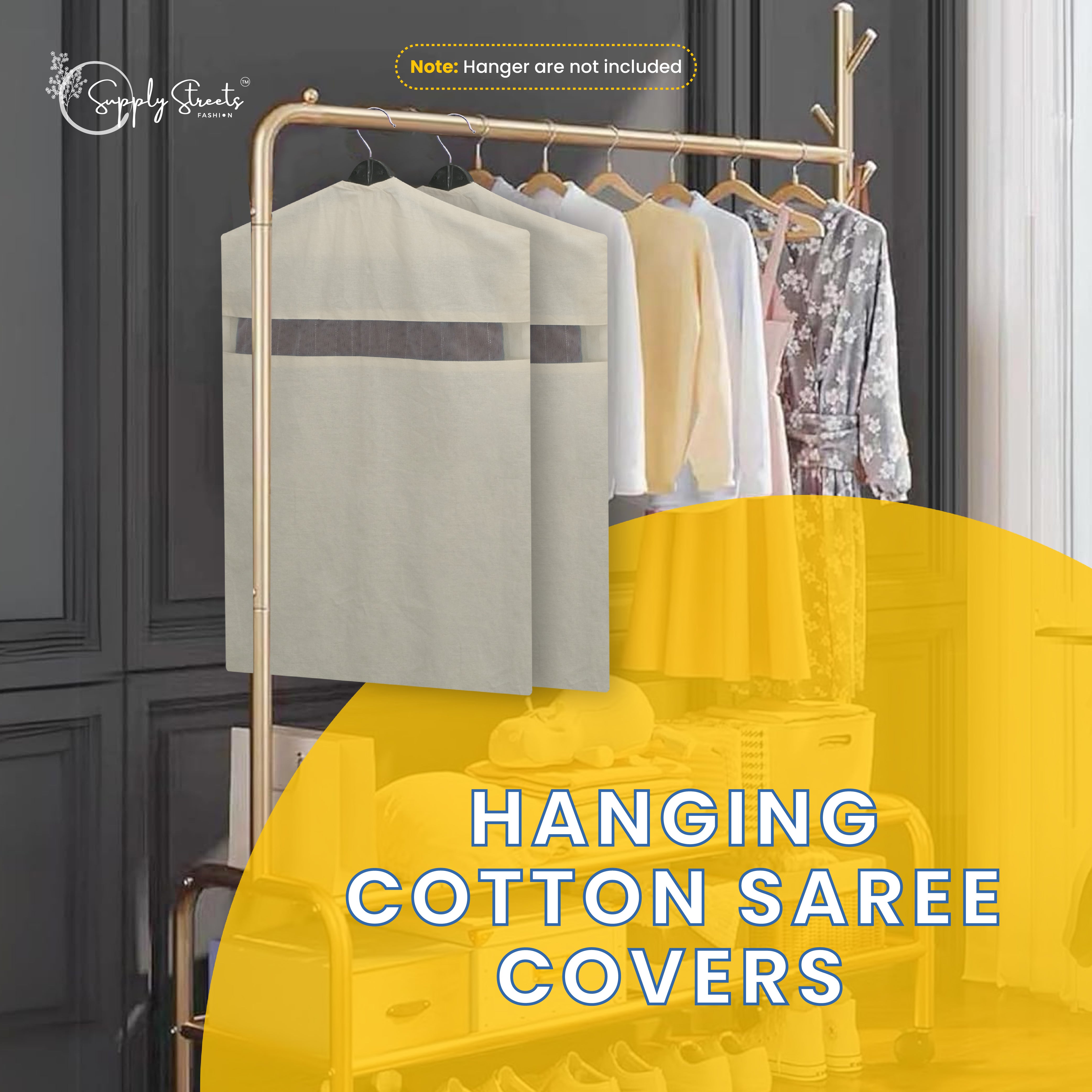SUPPLY STREETS Hanging Cotton Saree Covers/Bags of 30 x 18 (Inches) For Clothes Storage, Wardrobe Organizer (Hangers Are NOT Included) (Single Pocket - Pack of 3)