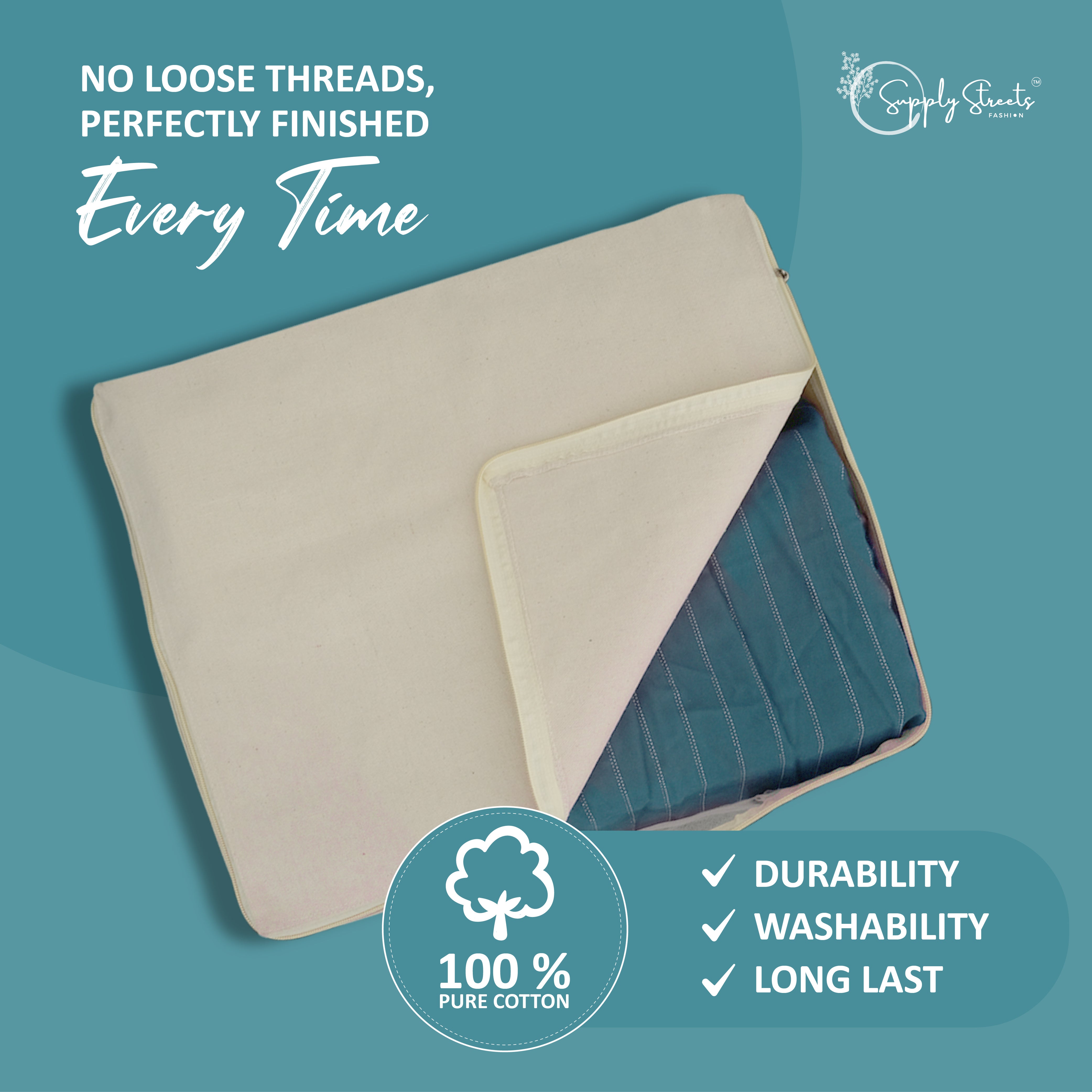 SUPPLY STREETS Cotton Canvas Clothes Storage Bags/Saree Covers with Zip for Storage Specially Design for Woman Dresses, Sarees, Lehengas for Wardrobe Organizer (17 x 14 x 7 Inch)