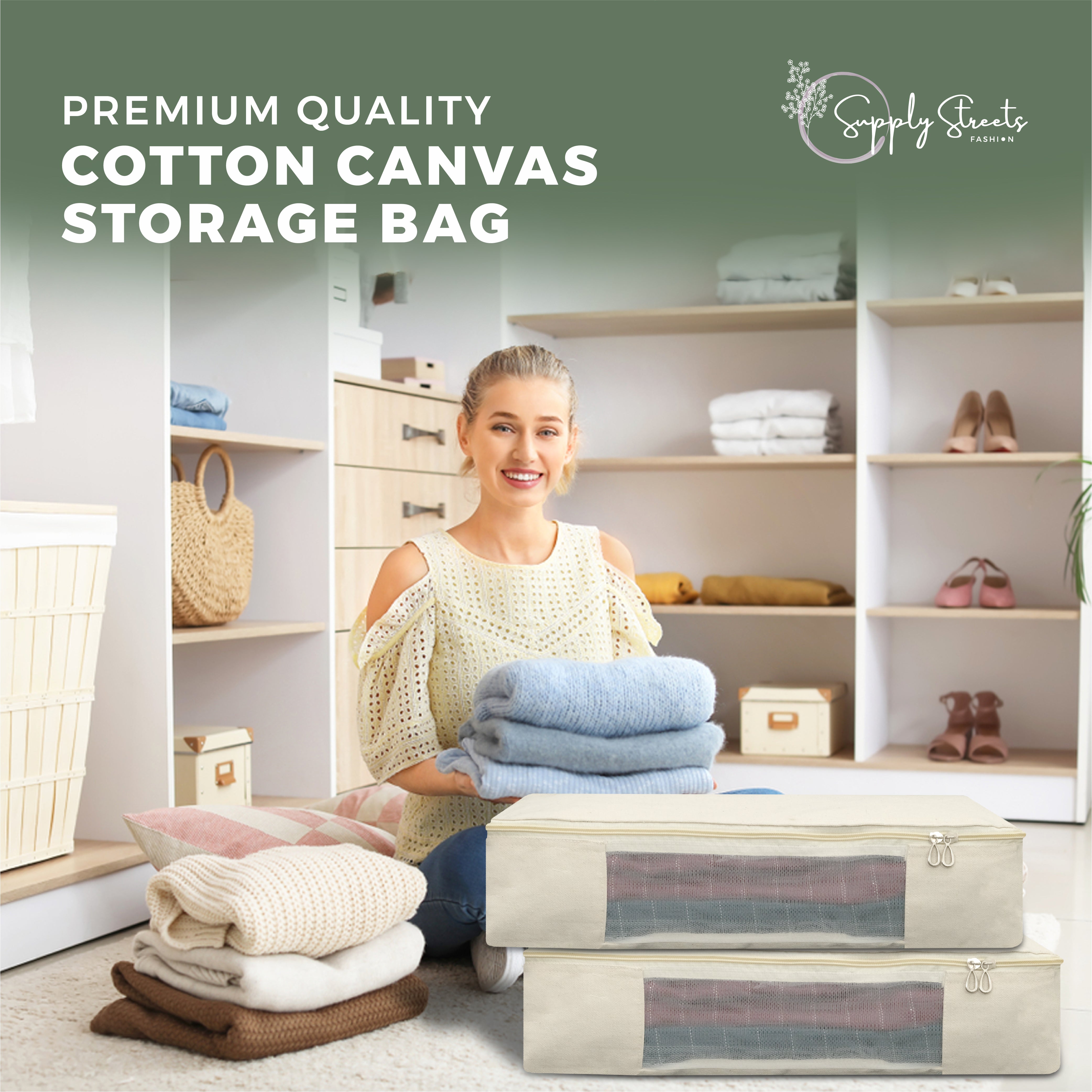 SUPPLY STREETS Cotton Canvas Clothes Storage Bags/Saree Covers with Zip for Storage Specially Design for Woman Dresses, Sarees, Lehengas for Wardrobe Organizer (16 x 13 x 3 Inch)- Pack of 3
